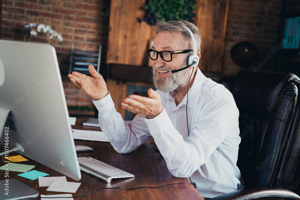 Photo of handsome mature mister video call center manager dressed white shirt formalwear comfortable startup office loft room interior Photo of handsome mature mister video call center manager dressed white shirt formalwear comfortable startup office loft room interior