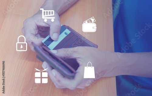 Person holding a wallet with various shopping-related icons, depicting the concept of online shopping and payment methods for modern consumers today