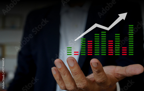 Businessman Presenting a Growing Financial Chart with Increasing Trend, Symbolizing Success and Growth in Investment and Economic Prosperity
