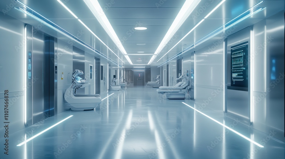 Fototapeta premium Futuristic hospital corridor with medical beds and glowing lights.