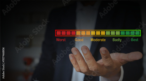Hand Reaching Out with a Colorful Performance Rating Scale Displaying Worst to Best in a Business Context