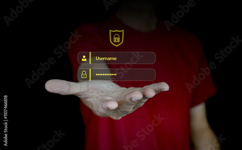 Hand Reaching Out with Digital Interface for Username and Password Entry in Cybersecurity Concept with Dark Background