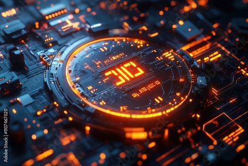 Futuristic 3D render of a circuit board with a glowing orange digital display showing the number 300.