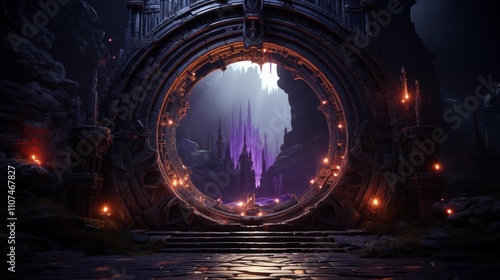 Fantasy galactic majestic portal, neon. An abstract passage, a door to an unreal world. Round stone arches photo