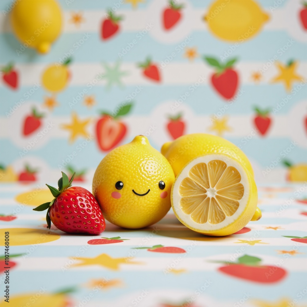 Cartoon-style grungy pattern featuring adorable fruits like lemons strawberries and stars for a playful nursery design