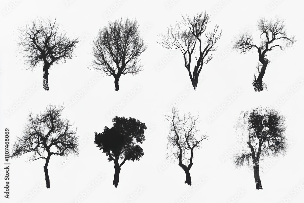 Fototapeta premium Chic array of shadowy tree shapes against bright background, crafted using ink and strong brush methods