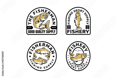 big bass fish with various poses badge modern logo design set. minimalist sea bass fish with some poses illustration emblem design element collection for fish shop, fishing sport and competition