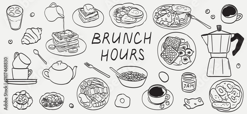 Morning breakfast food menu design. Business breakfast and brunch dishes collection for posters, cafe or restaurant menu. Vintage hand drawn doodle sketch vector illustration. Engraved line ink style.