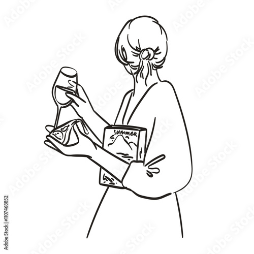 Woman hold pizza piece and wine glass on party in cafe or restaurant. Simple doodle ink style female character for kitchen posters, placards or other decorations. Line art creative print.