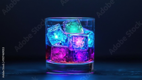 Vibrant energy soda beverage with colorful ice cubes cozy home setting drink photography nighttime vibe