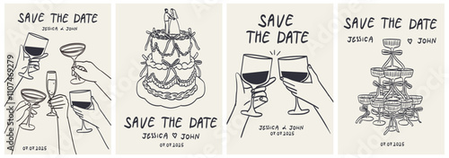 Hand drawn chalk food illustrations. Italian style wedding dinner posters and placards. Wine, champagne glass, cheese, cake drawings for wedding invitations, menus and parties. Ink doodle sketch style