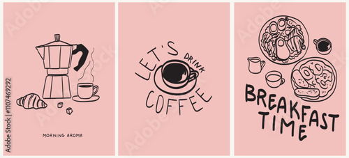 Hand drawn la dolce vita breakfast. Vector illustration of food and coffee in doodle ink, chalk, crayon drawing style. Minimalist line art for prints, posters, placards, menus in cafe or restaurant.