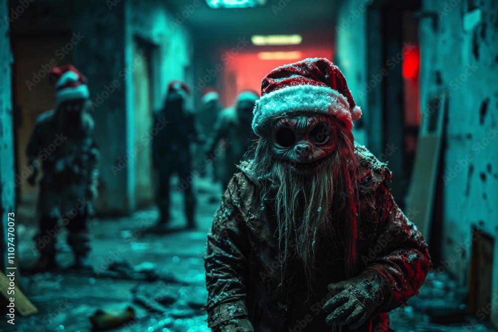 Fototapeta premium Terrifying zombie Santa Claus in a dark corridor with eerie lighting, Christmas horror concept
