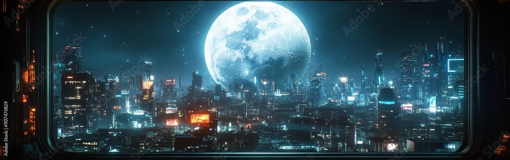 Obraz premium Futuristic City Skyline with Massive Moon, Cyberpunk Night View