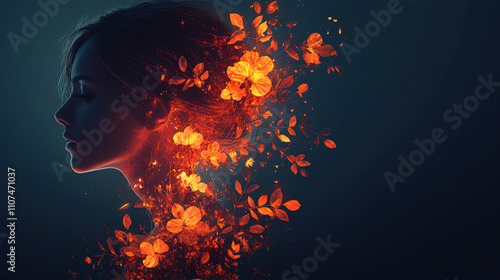 Woman with glowing flowers and leaves merging into vibrant colors in a dark background during a creative artistic concept. Generative AI