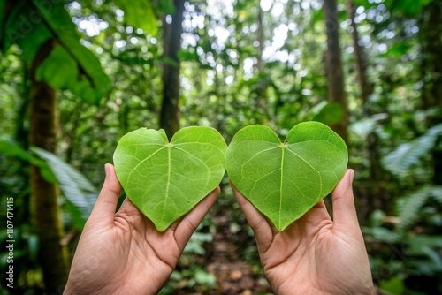 Two Hands Holding Heart-Shaped Green Leaves with Lush Tropical Forest Background, Symbolizing Love for Nature and Environmental Awareness