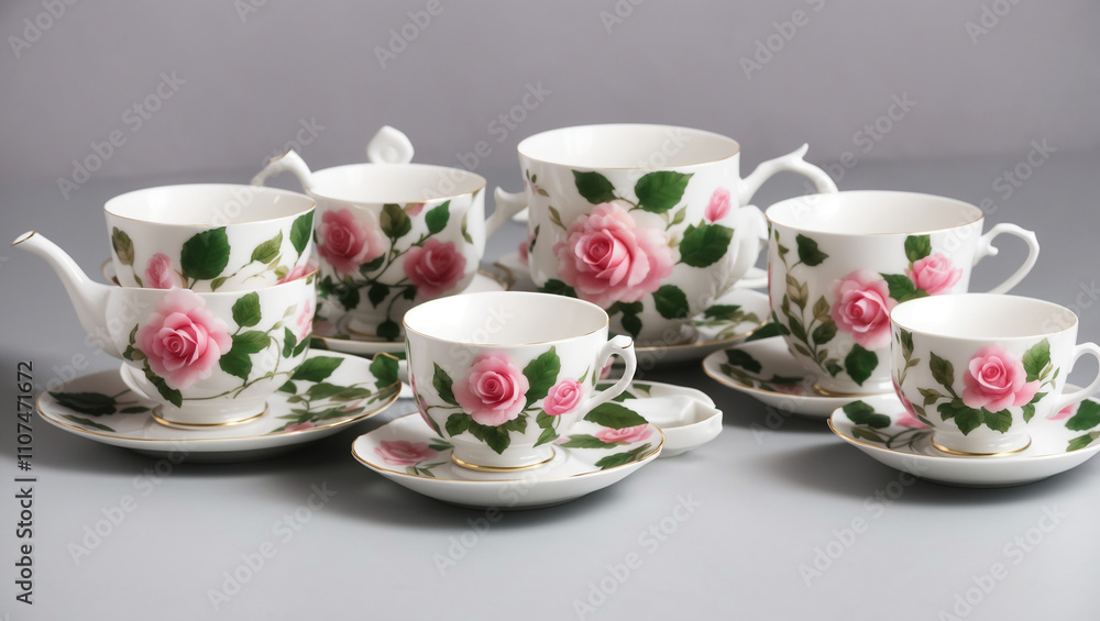 Fototapeta premium A complete tea set, white with pink roses and green leaves, on a tray.