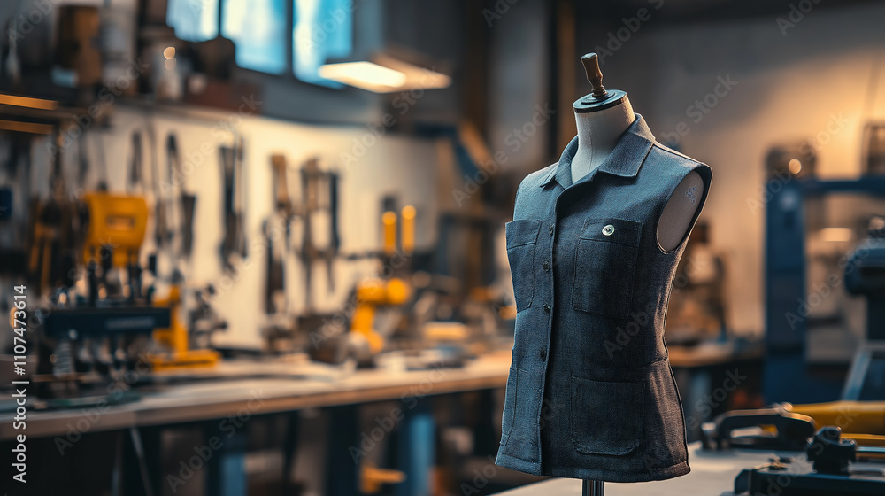 Fototapeta premium Plain work uniform on a mannequin in a clean industrial workspace with tools in the background