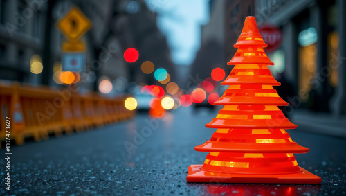 Creative Construction Concept: Traffic Cones Arranged in the Shape of a Christmas Tree on Urban Street with Festive Bokeh Lights Background photo