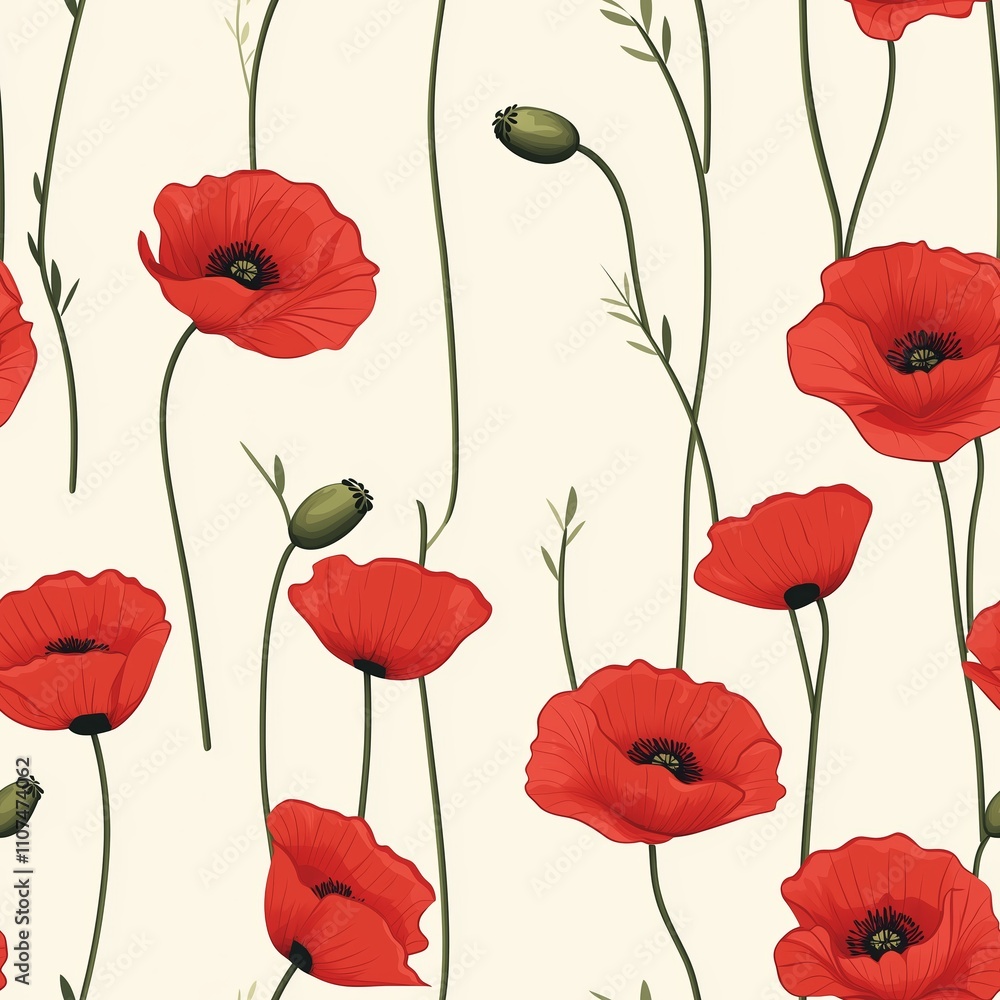 Naklejka premium Vibrant red poppy floral pattern on a soft cream background perfect for fabric and design