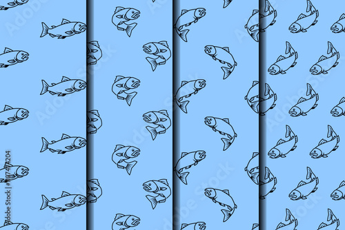 sea fish with various poses outline seamless pattern on blue background set. big bass fish minnows illustration pattern background collection for fish shop, fishing sport, restaurant seafood business
