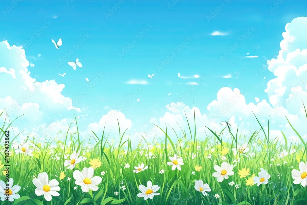 Spring Field with Long Grass, Wild Flowers and clear blue sky. Nature Background with space for text. with generative ai Spring Field with Long Grass, Wild Flowers and clear blue sky. Nature Background with space for text. with generative ai