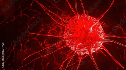 Close-up View of a Red Neuron Cell with Glowing Projections Representing Neural Connections in the Human Brain during Electrophysiological Activity photo