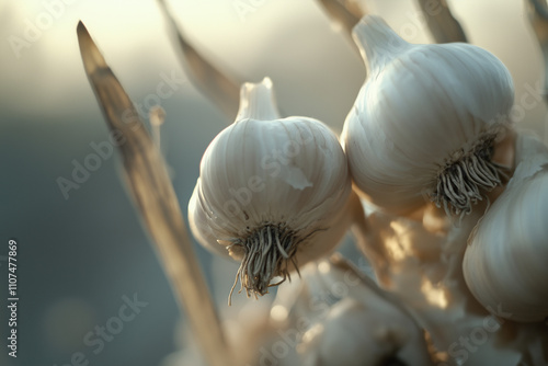 Rustic garlic cloves, organic texture with earthy tones, soft diffused lighting photo