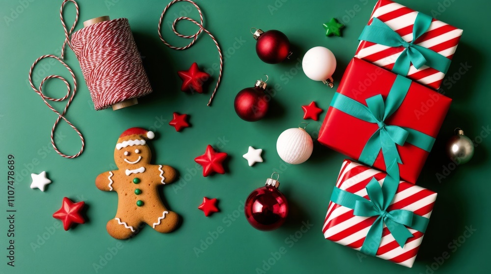 Naklejka premium Christmas Flat Lay: Gifts, Gingerbread Man, Ornaments, and Festive Decor