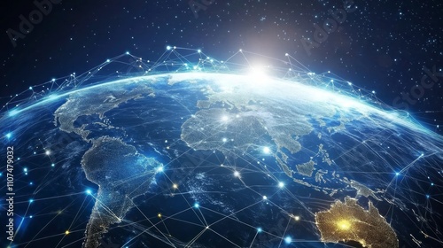 Fototapeta Naklejka Na Ścianę i Meble -  Futuristic 3d world globe showcasing data exchange and global network connections with advanced technology elements highlighting planet earth in a digital web, ideal for high-tech visuals and communic