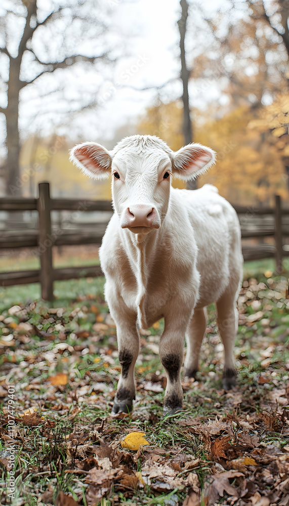 Obraz premium Adorable white calf standing in autumn leaves.