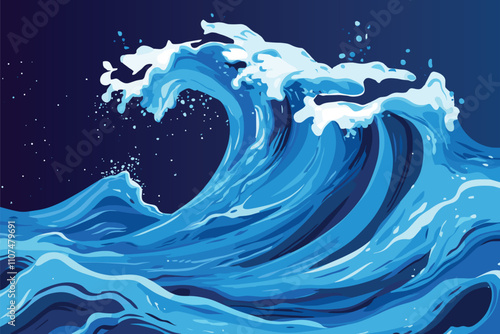 Ocean waves, splash water, marine sea storm element. Blue sea or ocean wave. Vector