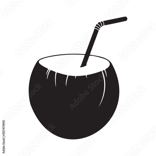 Coconut drink with straw silhouette vector illustration