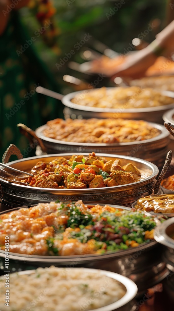 Obraz premium A buffet table with various Indian dishes, including curry, rice, and vegetables.