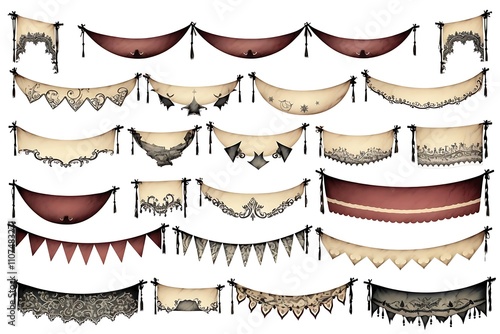 Collection of various vintage-style banners and garlands with different designs and colors, isolated on white background.