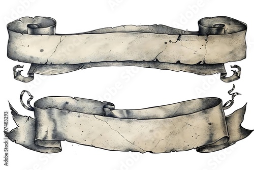 Two vintage style parchment banners with aged texture and rolled edges, isolated on white background.