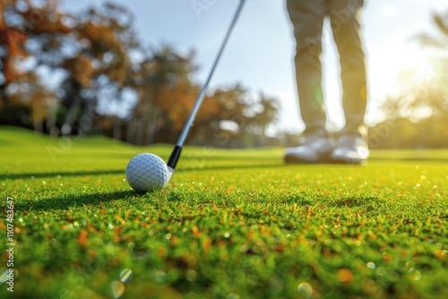 A man hits a ball with a club on a golf course