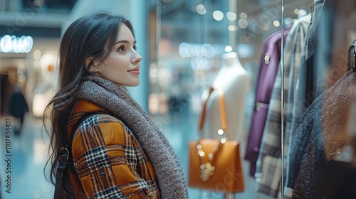 A confident young brunette gazes dreamily at a display case showcasing luxury bags and mannequins dressed in elegant clothing inside a boutique at a modern shopping center. High-quality photo photo