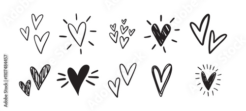 Charming hearts set. Hand Drawn Heart Doodle. Drawing outline hearts Convey Love, Affection And Creativity