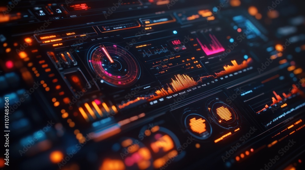 Fototapeta premium Futuristic digital dashboard with glowing interface displays data metrics, graphs, and charts.