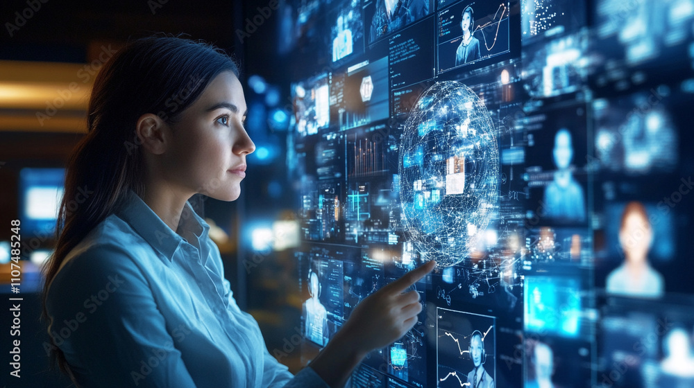 Naklejka premium Exploring the future a diverse team of professionals analyzing data through innovative technology interfaces