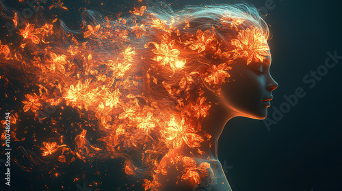 Woman's silhouette surrounded by swirling autumn leaves, creating a striking visual effect in a mystical atmosphere. Generative AI