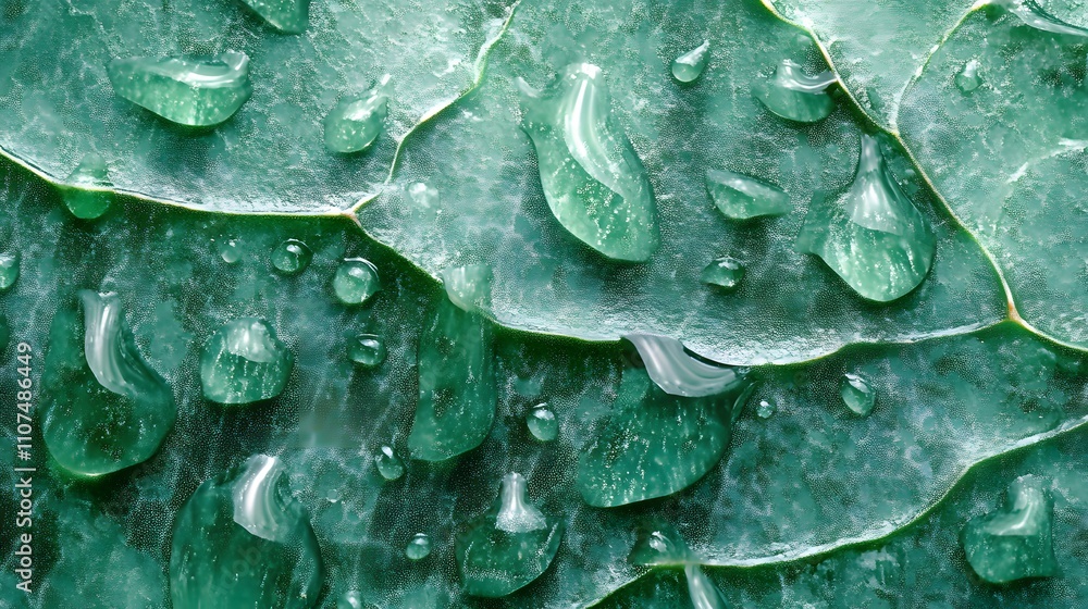 Obraz premium Extreme&nbsp;close-up of aloe vera leaf showing&nbsp;detailed surface texture with glistening water droplets. Natural&nbsp;dew beads capture morning light, emphasizing the plant's fresh, medicinal qualities.