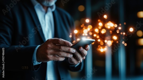 A person in a dark jacket focuses on using a smartphone, surrounded by glowing light sparkles, representing the synergy of human interaction with technology and magic. photo