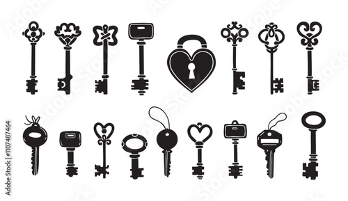 Hand drawn silhouette Keys. Doodle various vintage, modern and cute isolated keys. Different types, sizes.