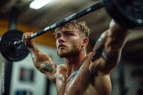 A determined male athlete lifting a heavy barbell overhead in a gym, sweat glistening on his muscular frame, showcasing focus, strength, and dedication to fitness and performance