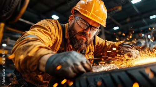 A determined worker in a hard hat and safety gear generates sparks as he checks a tire, emphasizing the worker's commitment to quality and precision in industrial settings. photo