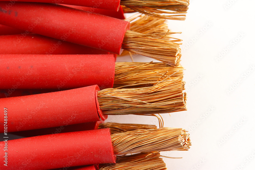 Fototapeta premium Copper electrical installation wires in colored insulation. Close-up. Soft focus.