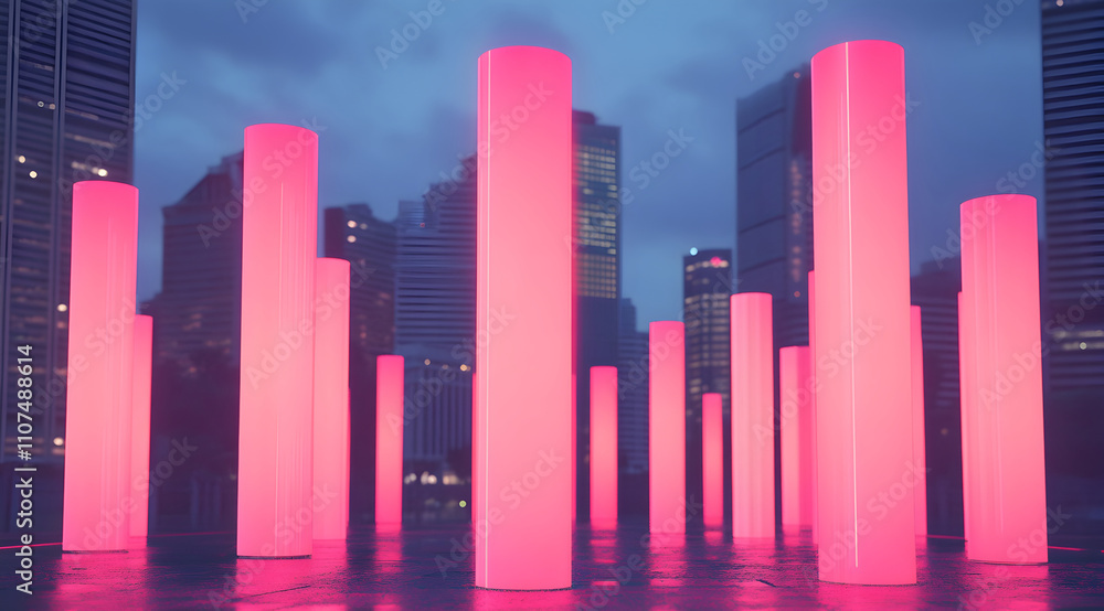 Fototapeta premium A vibrant display of glowing pink columns stands against a twilight city backdrop, creating a striking contrast with the modern skyline.