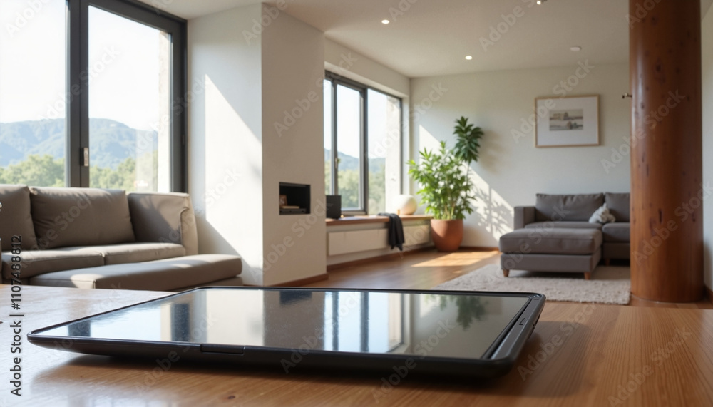 Fototapeta premium Modern living room with tablet on table, bright and airy atmosphere, stylish furniture, mountain view